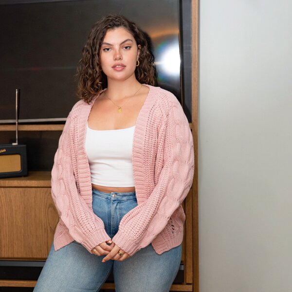 

Plus Open Front Cable Knit Cardigan, Baby pink