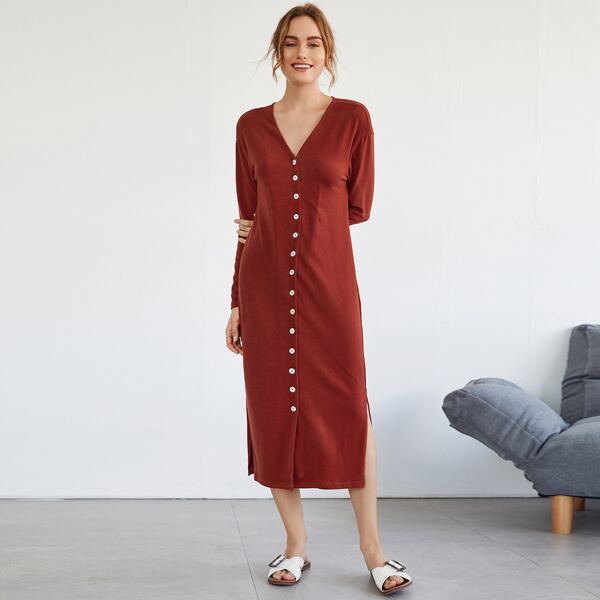 

Drop Shoulder Button Front Split Dress, Burgundy
