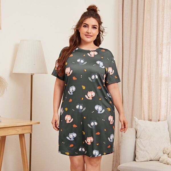 

Plus Cartoon Graphic Nightdress Dress, Dark grey
