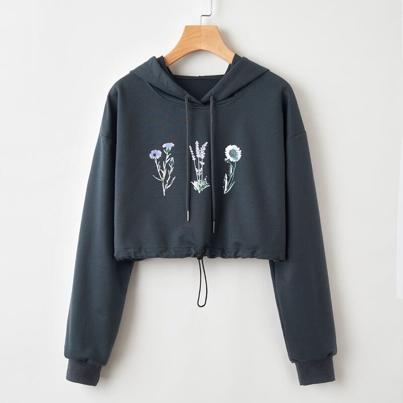 

Plants Print Drawstring Hem Hoodie, Dark grey
