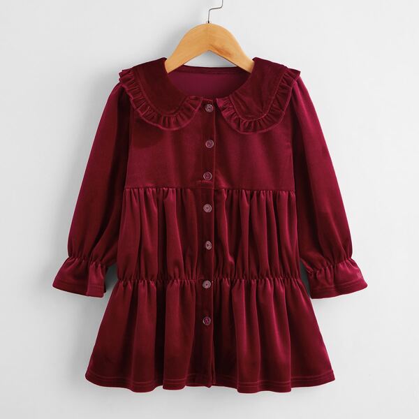 

Toddler Girls Velvet Peter Pan Collar Ruffle Hem Coat, Burgundy