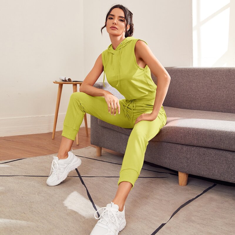 

Drawstring Hooded Sports Top & Sports Pants, Lime green