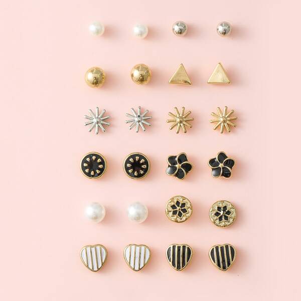 

12pairs Heart & Flower Design Stud Earrings, Multicolor