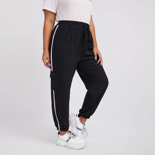 

Plus Flap Pocket Side Stripe Cargo Pants, Black
