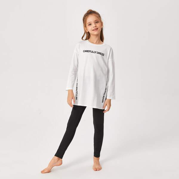 

Girls Letter Graphic Drop Shoulder Longline Tee and Leggings PJ Set, Black and white