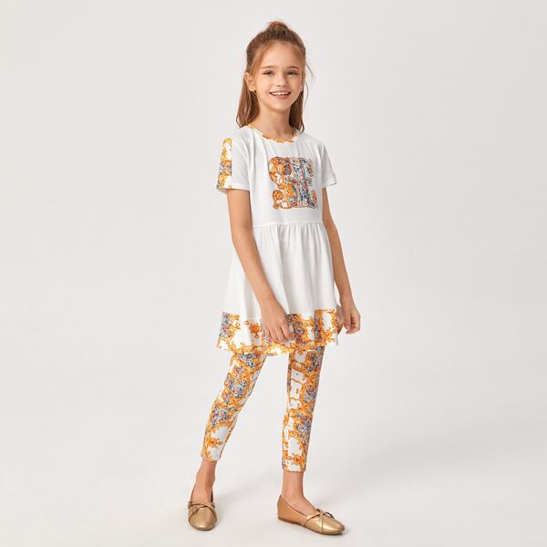 

Girls Baroque Print Peplum Top and Leggings Set, Multicolor