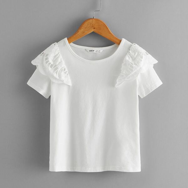 

Girls Eyelet Embroidered Ruffle Trim Solid Top, White