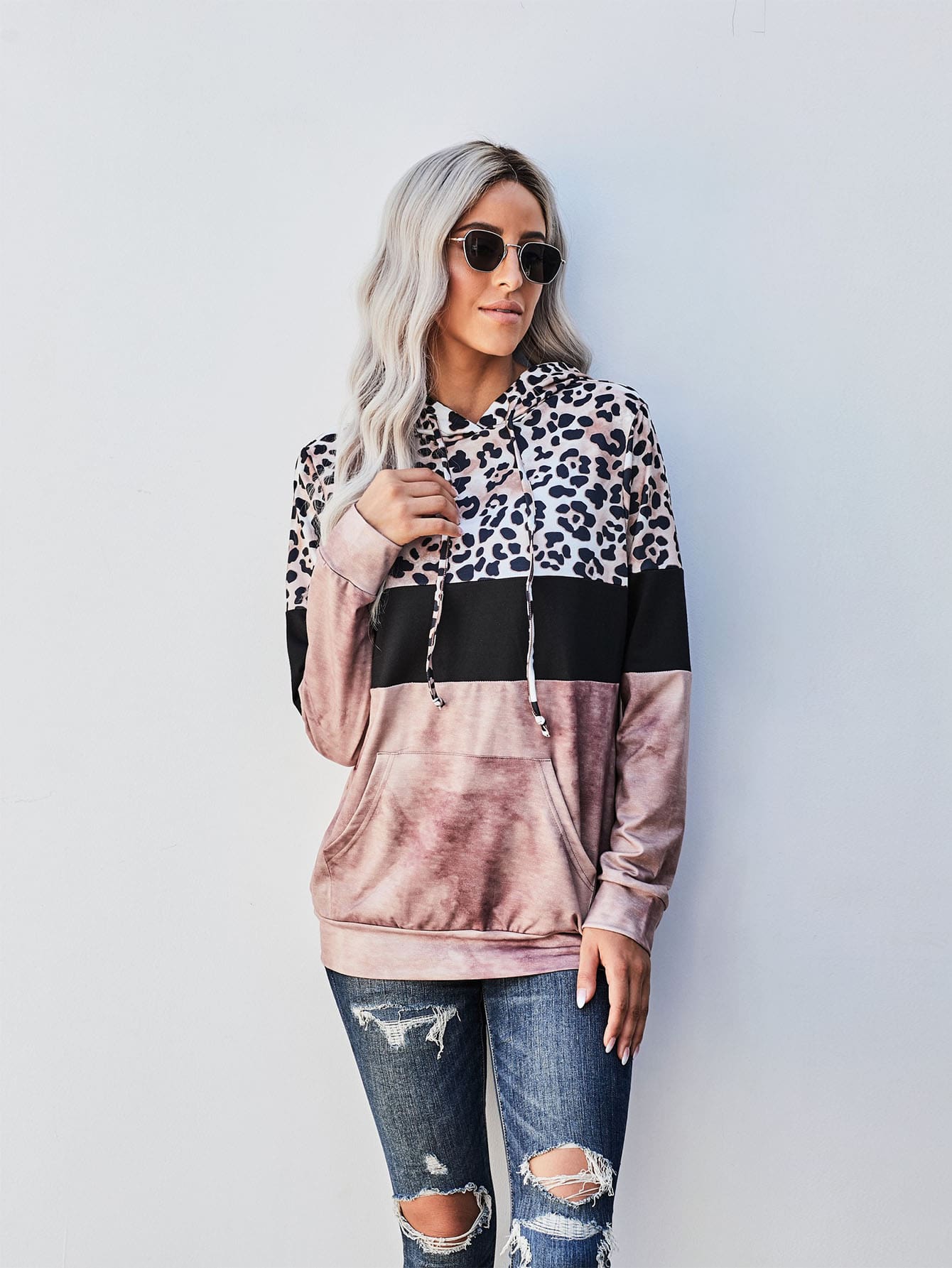 Contrast Panel Kangaroo Pocket Drawstring Hoodie thumbnail