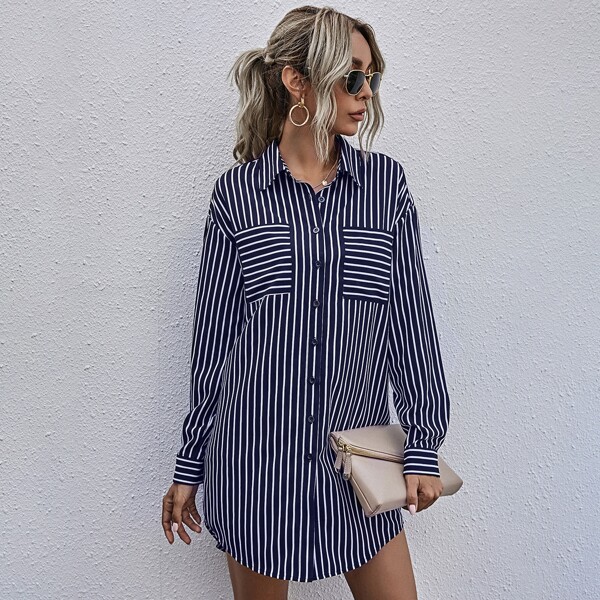 

Striped Pocket Patched Shirt Dress, Navy blue
