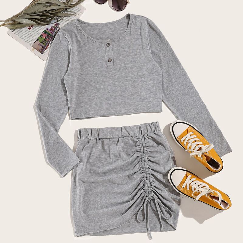 

Button Front Tee & Drawstring Ruched Skirt, Grey