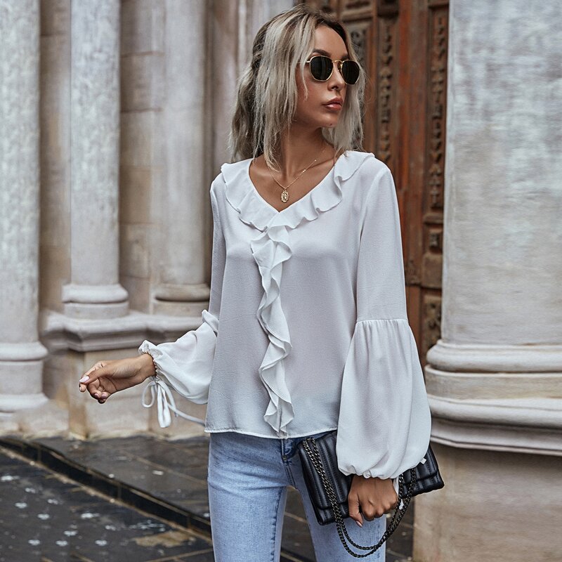 

Bishop Sleeve Tie Cuff Ruffle Trim Blouse, White