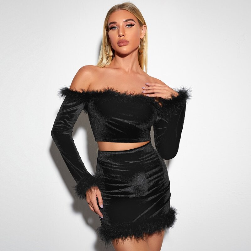

Fuzzy Trim Velvet Crop Top & Ruched Skirt Set, Black