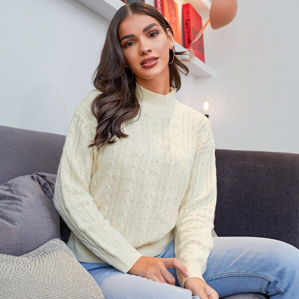 

Cable Knit Drop Shoulder Sweater, Beige