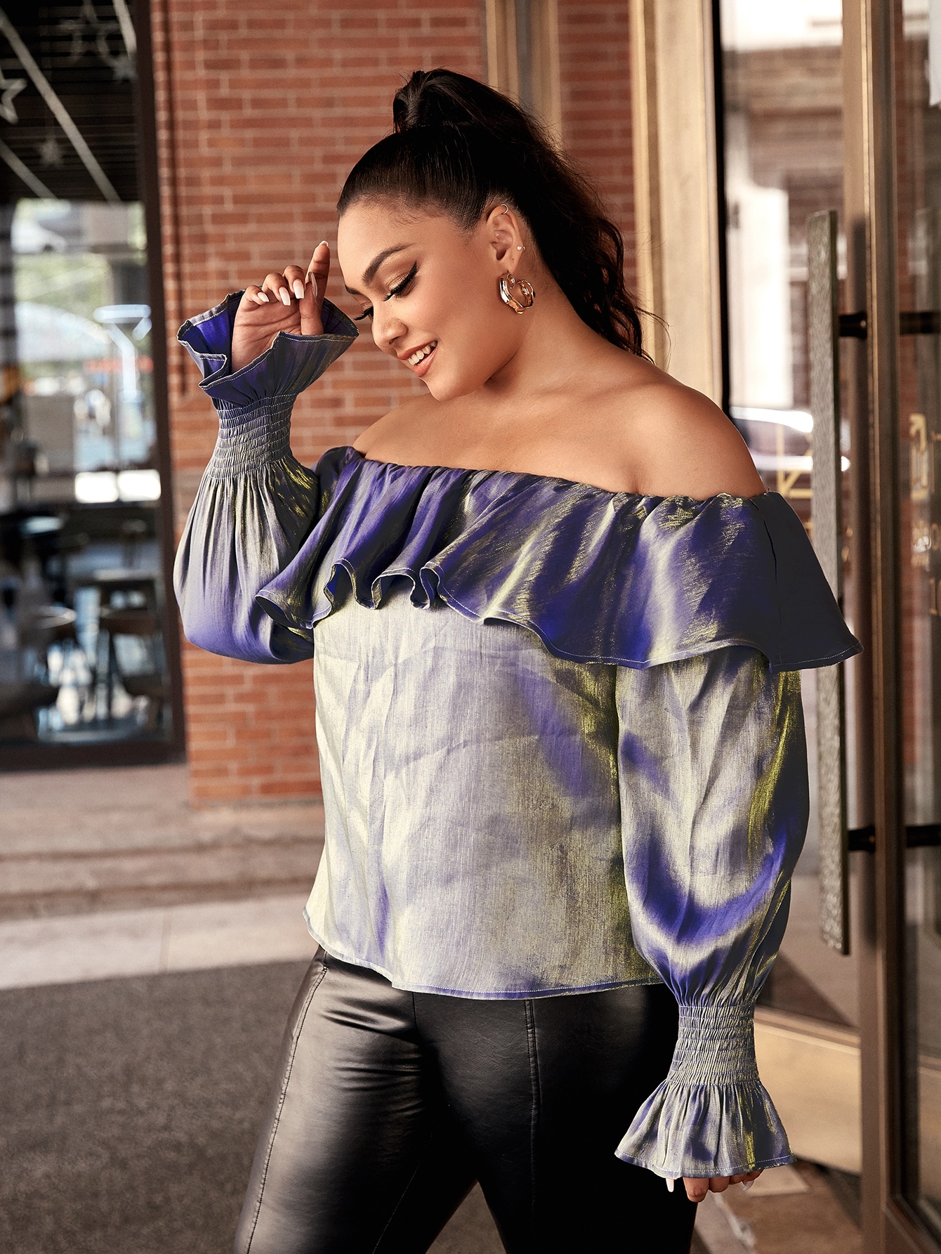 Plus Flounce Off Shoulder Shirred Cuff Hologram Top thumbnail