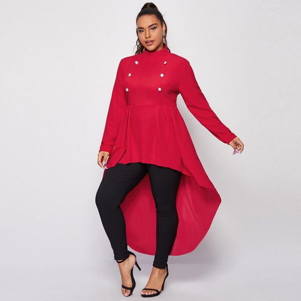 

Plus Mock-neck Fold Pleated Front Dip Hem Top, Red bright