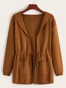 SHEIN LUNE Áo khoác cardigan trùm đầu có dây rút ở eo, hai túi - màu nâu - Xem 1