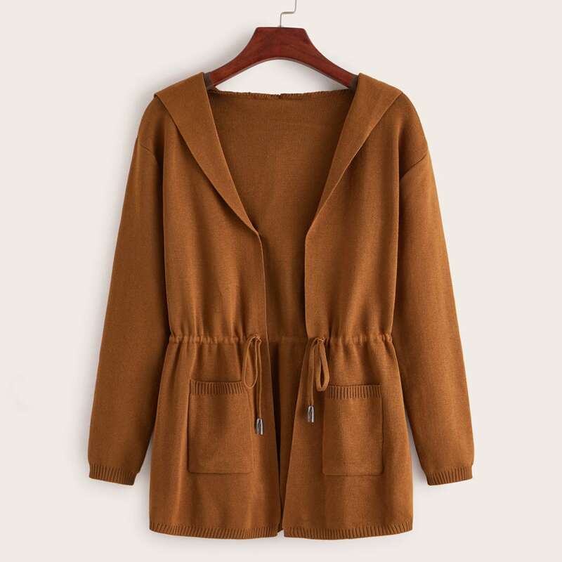

Dual Pockets Drawstring Waist Hooded Cardigan, Brown
