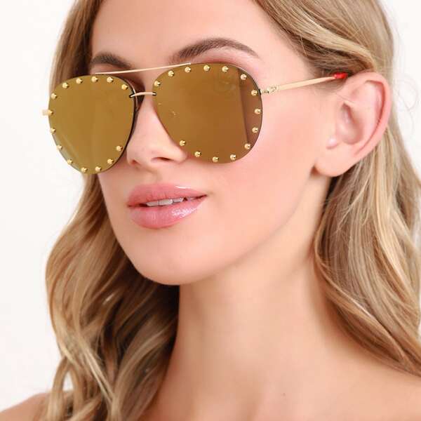 

Studded Detail Large Aviator Sunglasses, Gold