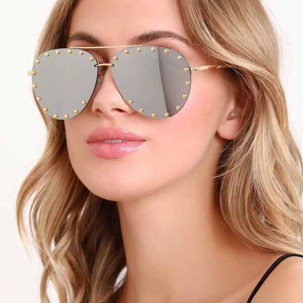 

Studded Detail Large Aviator Sunglasses, Grey