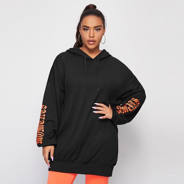 

Plus Drop Shoulder Letter Graphic Drawstring Hoodie, Black