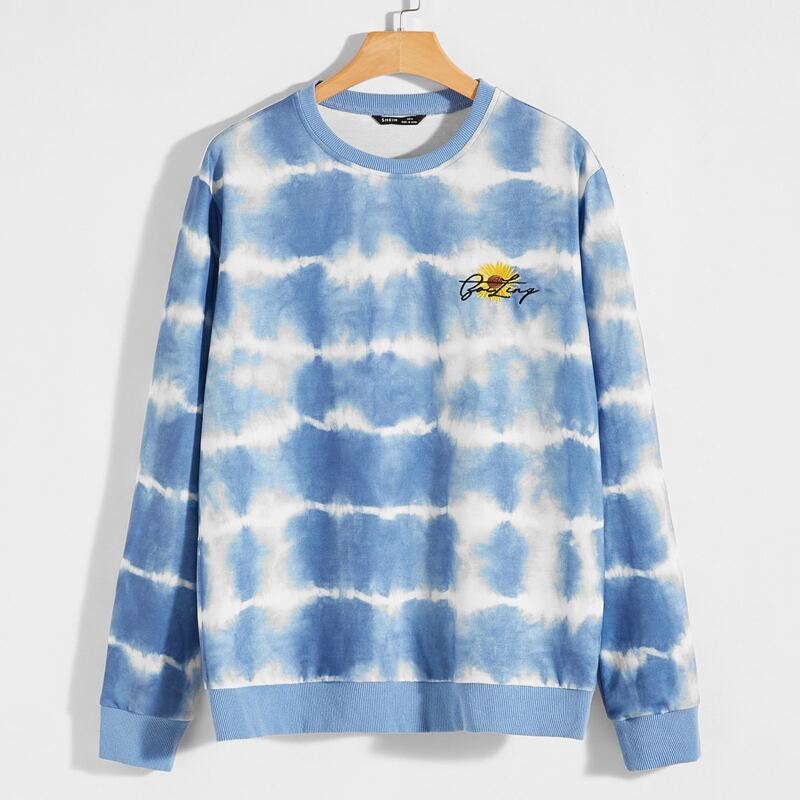 

Guys Tie Dye Embroidery Flower Sweatshirt, Blue and white