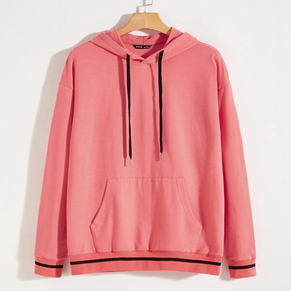 

Men Kangaroo Pocket Drawstring Hoodie, Watermelon pink