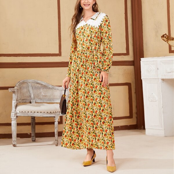 

Contrast Collar Lace Detail Allover Floral Print Dress, Multicolor