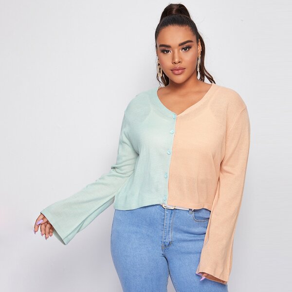 

Plus Two Tone Bell Sleeve Cardigan, Multicolor