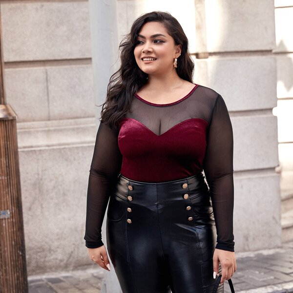 

Plus Contrast Mesh Velvet Tee, Multicolor