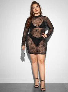 SHEIN Plus Sheer Glitter Mesh Dress Without Lingerie - Black - View 3