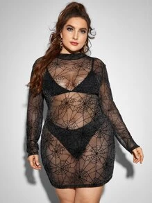 SHEIN Plus Sheer Glitter Mesh Dress Without Lingerie - Black - View 4