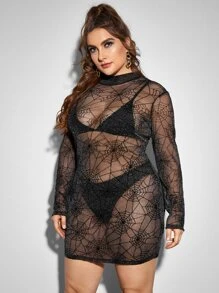 SHEIN Plus Sheer Glitter Mesh Dress Without Lingerie - Black - View 5