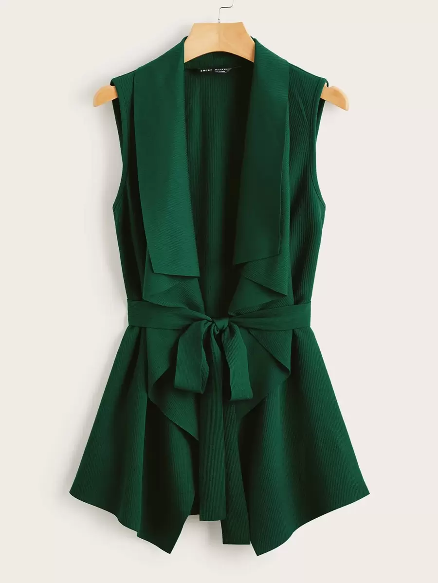 SHEIN Clasi Draped Collar Self Belted Vest In Fall/Winter - Dark Green - View 1