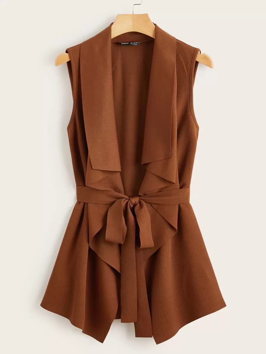SHEIN Clasi Draped Collar Self Belted Vest In Fall/Winter - Brown - View 1
