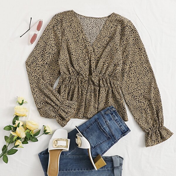 

Dalmatian Print Surplice Neck Flounce Sleeve Blouse, Khaki