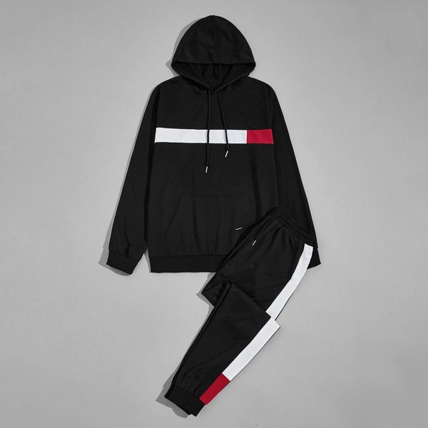 

Men Contrast Panel Drawstring Hoodie With Joggers, Black