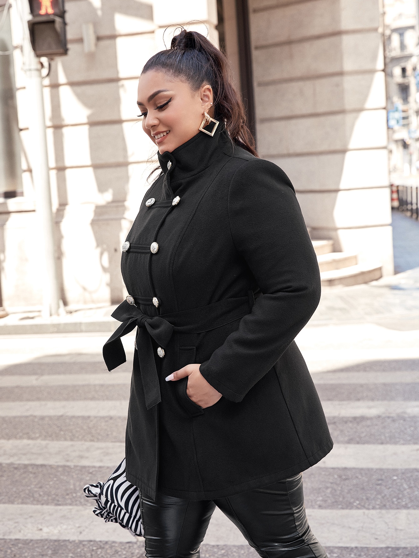 Plus Pocket Side Self Belted Pea Coat thumbnail