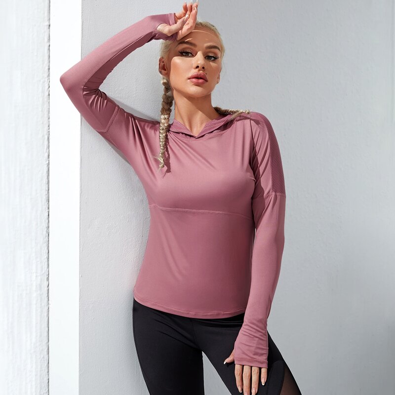 

Solid Hooded Sports Sweatshirt With Thumb Holes, Dusty pink