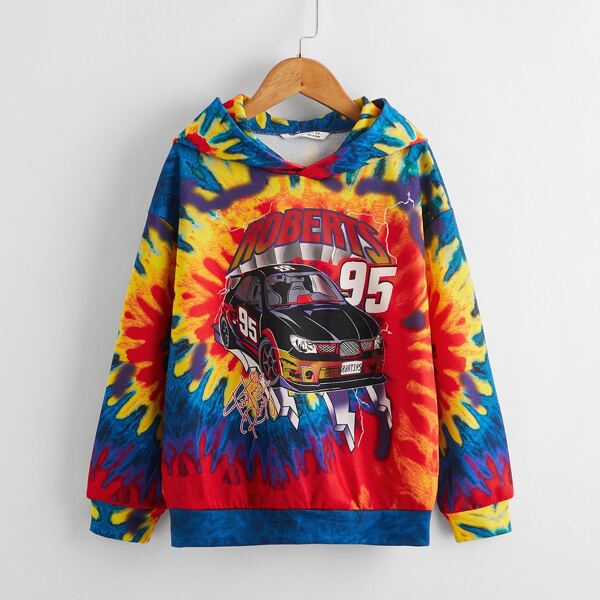 

Boys Car and Letter Graphic Tie Dye Hoodie, Multicolor