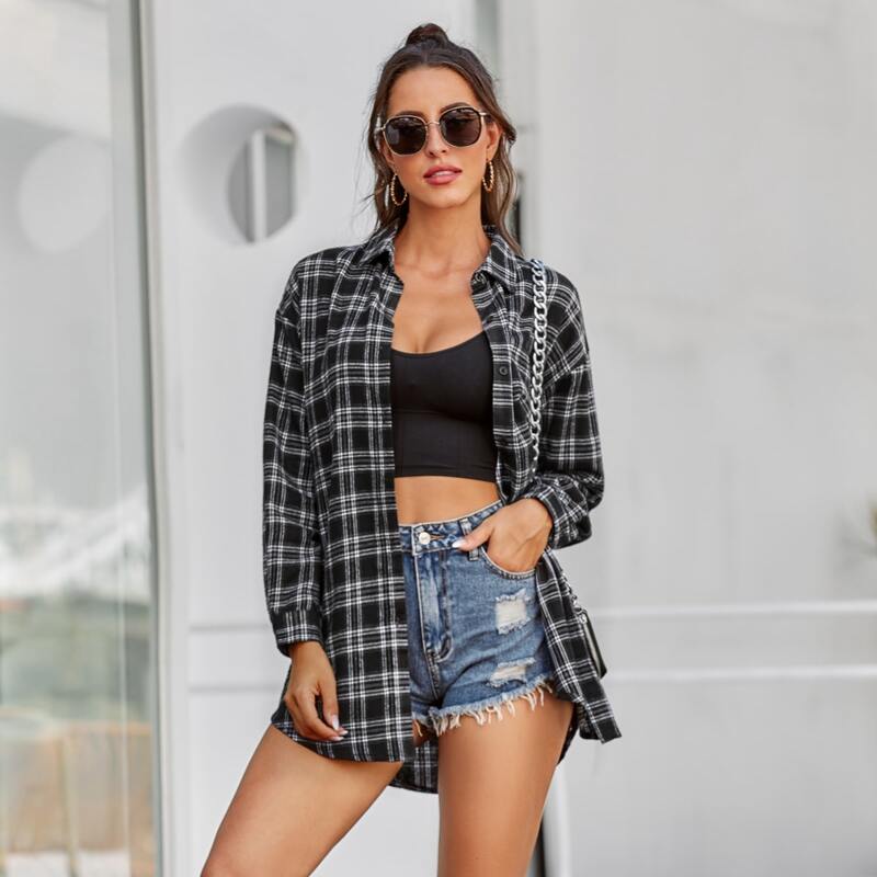

Tartan Print Button Front Curved Hem Blouse, Black