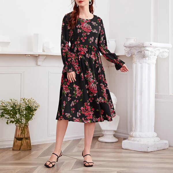 

Flounce Sleeve Floral Print Dress, Multicolor