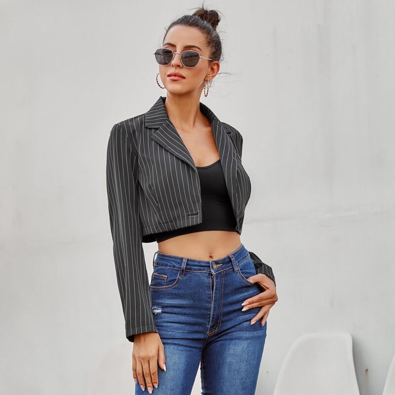 

Lapel Collar Vertical Striped Crop Blazer, Black