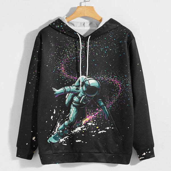 

Men Galaxy & Astronaut Print Kangaroo Pocket Drawstring Hoodie, Black