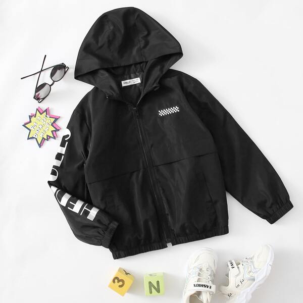 

Boys Letter Graphic Patched Detail Wind Jacket, Black