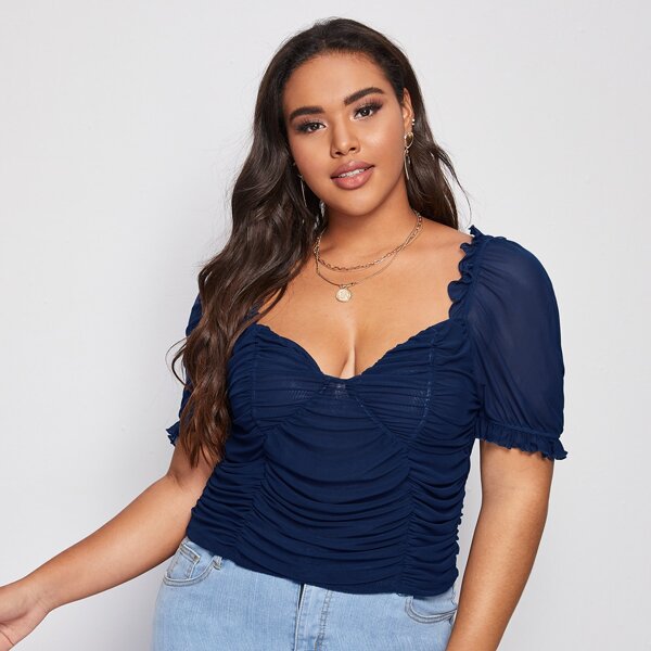 

Plus Ruched Frill Trim Puff Sleeve Mesh Top, Navy blue