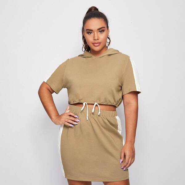 

Plus Contrast Panel Drawstring Hem Hoodie & Skirt Set, Khaki