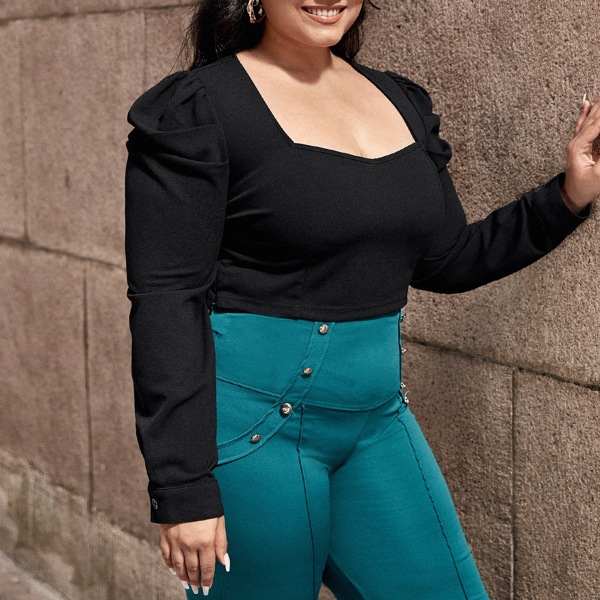 

Plus Sweetheart Neck Puff Sleeve Top, Black