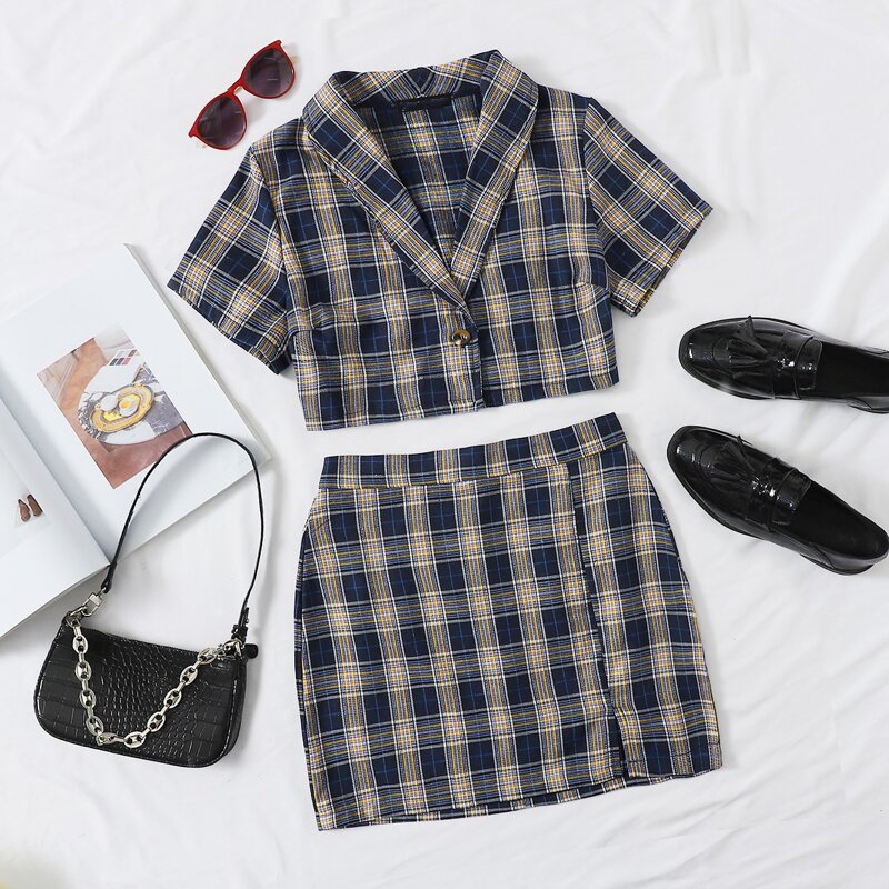 

Single Button Tartan Blouse & Skirt Set, Navy blue