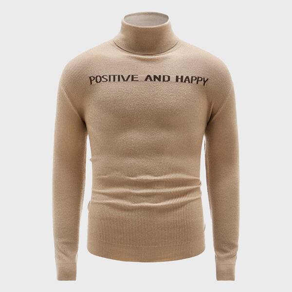 

Men Slogan Graphic High Neck Sweater, Mocha brown