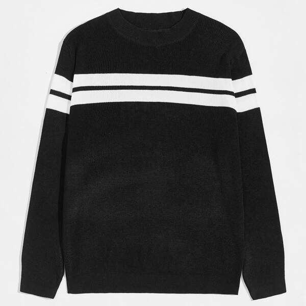 

Men Round Neck Striped Sweater, Black